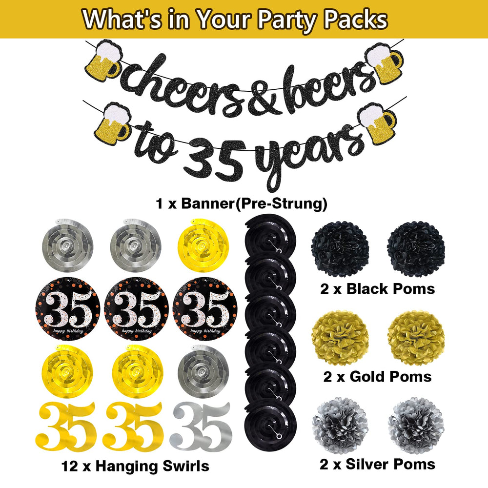 35th Birthday Decorations Kit for Men Women, Cheers to 35 Years Banner with Pom Poms Flowers, 35th Sparkling Hanging Swirl Decorations for 35th Birthday Wedding Party Supplies Decorations