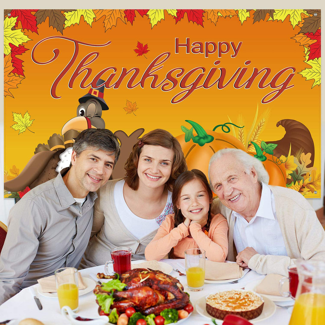 Happy Thanksgiving Background Fall Banner Thanksgiving Decorations Turkey Maple Leaves Pumpkin Banner for Fall Party Supplies , 72.8 x 43.3 Inch