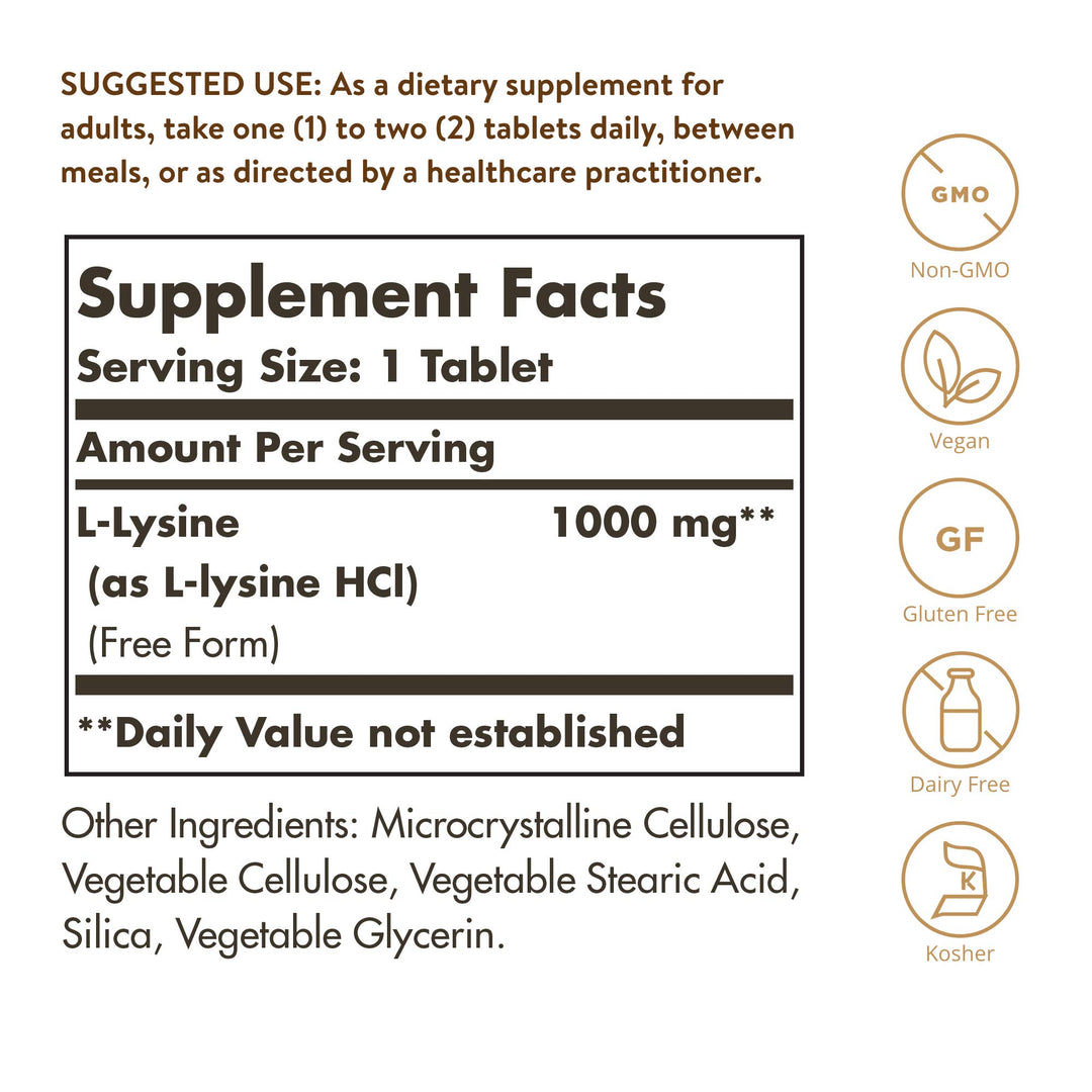 Solgar L-Lysine 1000 mg, 100 Tablets - Enhanced Absorpt