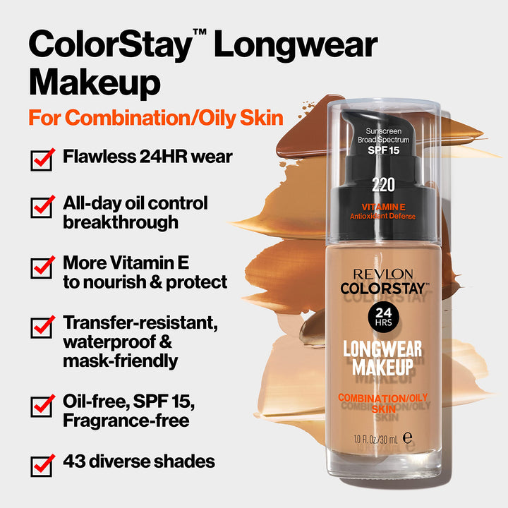 Revlon ColorStay Liquid Foundation Makeup for Combination/Oily Skin SPF 15, Longwear Medium-Full Coverage with Matte Finish, Fresh Beige (250), 1.0 oz
