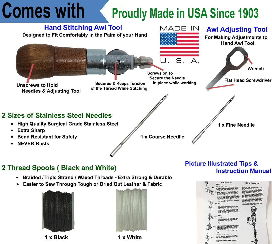 Repair Stitch Tool | Sewing Awl for Bounce Houses, Inflatables, Leather, Thick Fabric, Shoes, Bags, Belt, Upholstery Repair Kit &amp; Crafts Leather, Tarp Stitching – Made in USA. Professional Heavy Duty