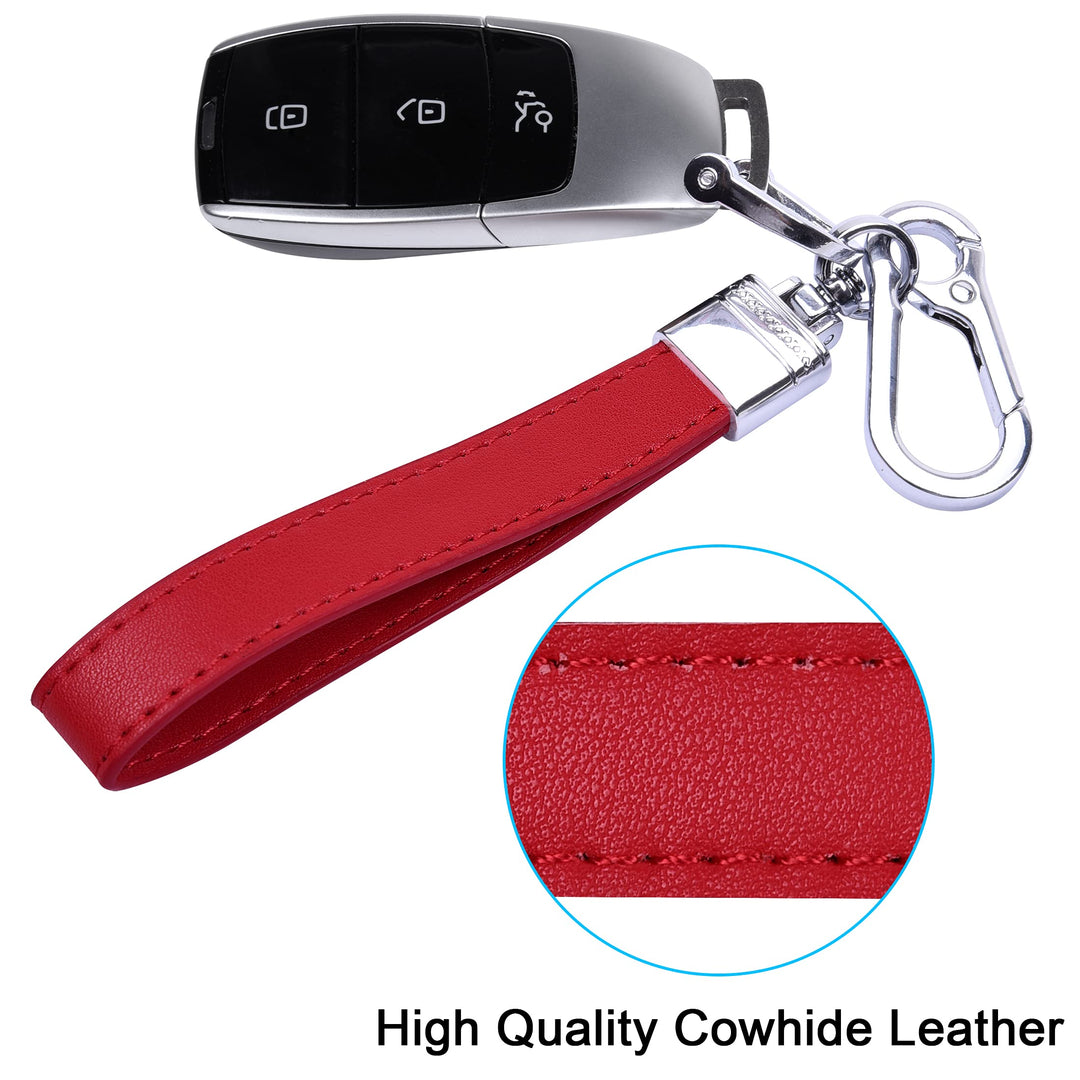 Genuine Leather Car Keychain, Universal Heavy Duty Leather Key FOB Keychain Key Chains Women for Car Keys, 360 Degree Rotation, with Anti-lost D-ring and 3 Keyrings - Red