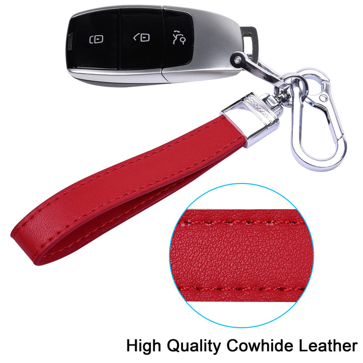 Genuine Leather Car Keychain, Universal Heavy Duty Leather Key FOB Keychain Key Chains Women for Car Keys, 360 Degree Rotation, with Anti-lost D-ring and 3 Keyrings - Red