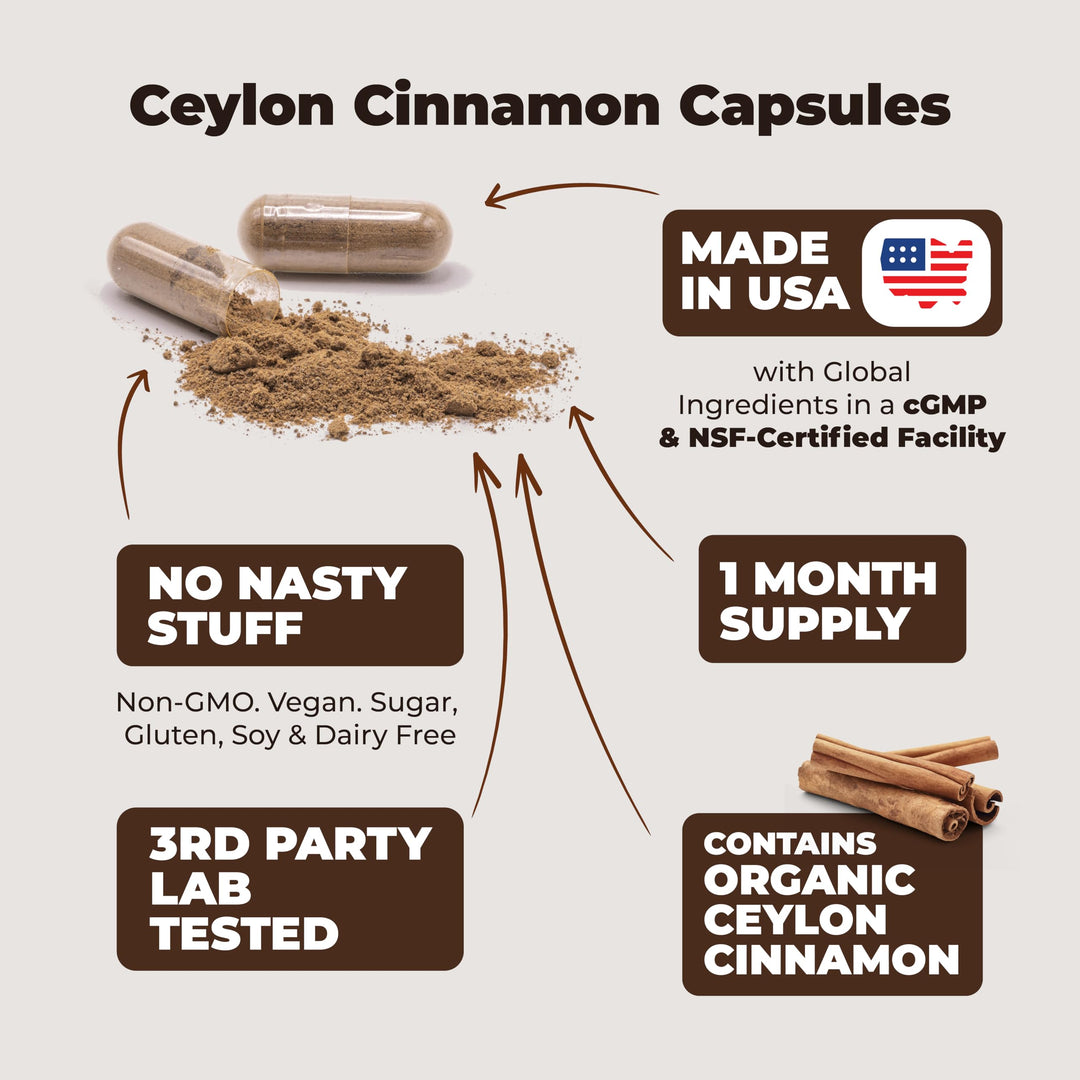 Organic Ceylon Cinnamon Capsules - Ceylon True Cinnamon Supplements (Canela de Ceylan) for Inflammation Balance, Cognitive Function, Metabolic, Antioxidant Support. Non-GMO. Vegan. 60 Caps Made in USA