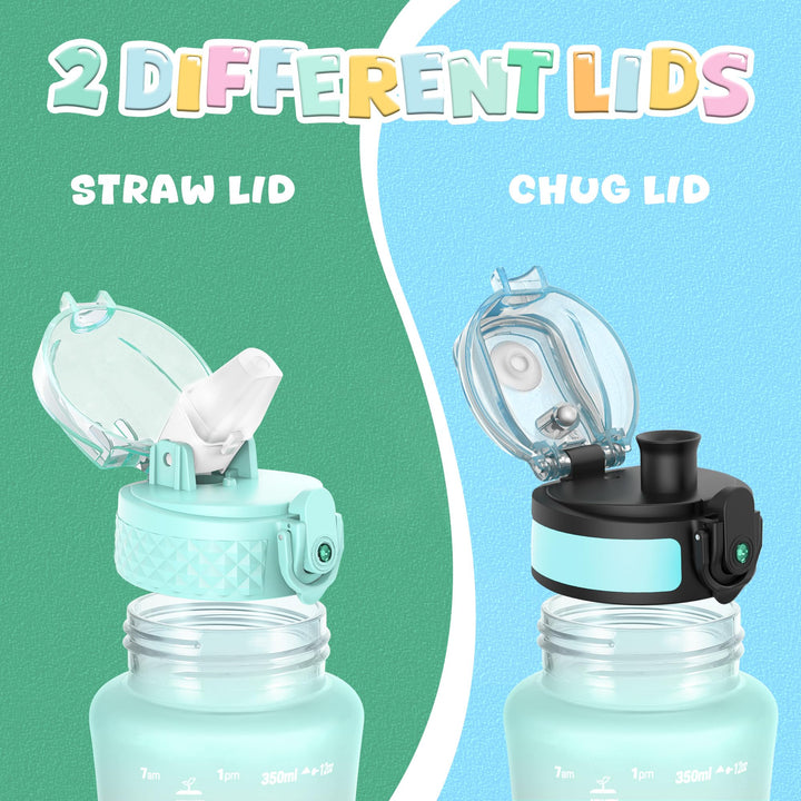 Kids Water Bottle for School, 12 oz (2 lids) BPA-Free Reusable Leak-proof Durable Tritan Plastic Water Bottles with Straw &amp; Chug Lids, Anti-dust Spout Cover (Mintpink)