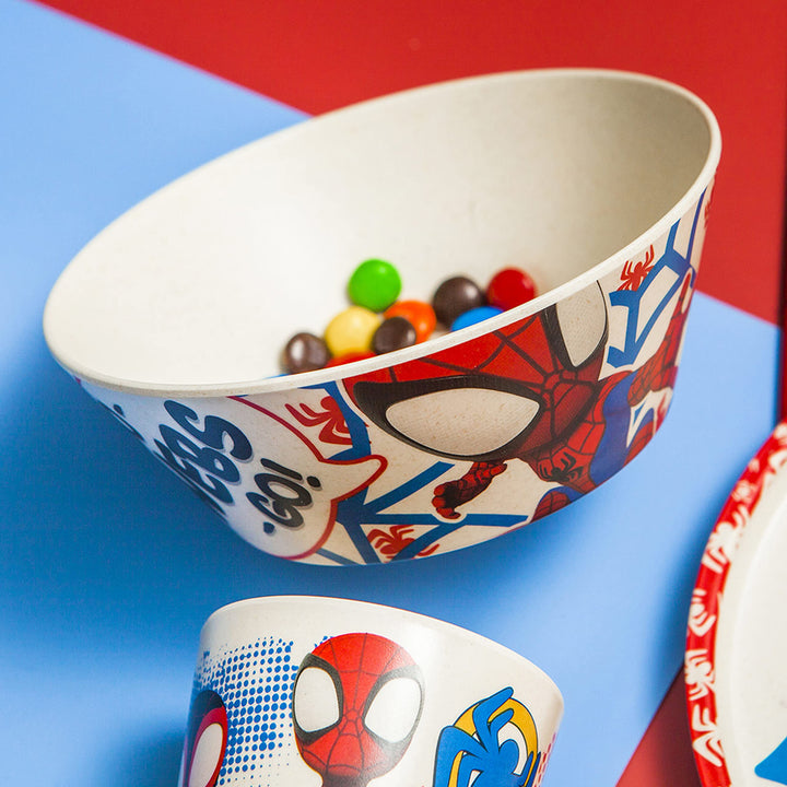 Marvel Spider-Man Dinnerware Set for Kids Includes 8 Plate, 6 Bowl, and 10oz Tumbler, Durable and Sustainable Melamine Bamboo Material (3-Piece Set, Spidey and His Amazing Friends)