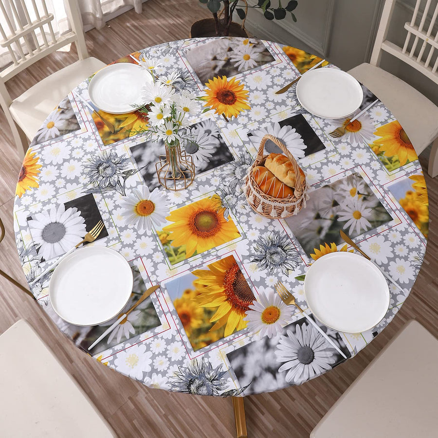 Round Vinyl Fitted Tablecloth with Flannel Backing Elastic Edge Design Table Cover Waterproof Oil-Proof PVC Table Cloth Stain-Resistant Wipeable for Round Table