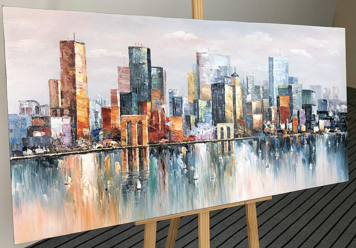 Art,24x48Inch 100% Hand Painted City Skyline Framed Oil Paintings on Canvas Abstract Urban Landscape Artwork Modern Cityscape Wall Art Oil Hand Painting for Dinning Room Office