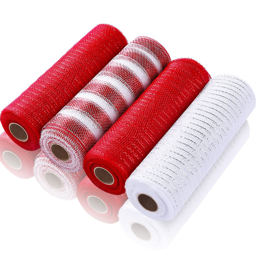 4 Rolls Mesh Ribbon, Metallic Foil Mesh Ribbon Metallic Mesh Ribbon for Door Wreath DIY Crafts Making Supplies (Red White,10 Inch)