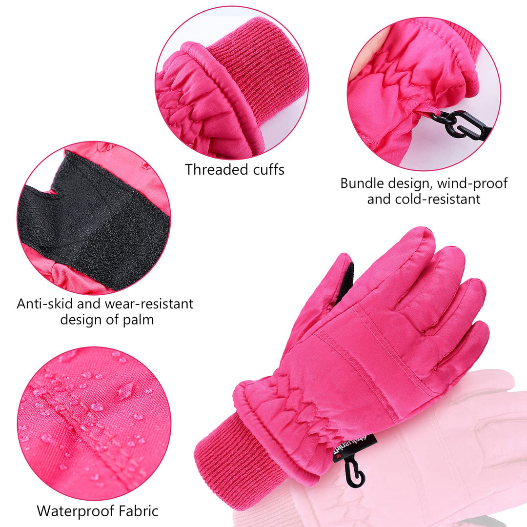 2 Pairs Kids Winter Ski Gloves Waterproof Warm Snow Mittens Full Finger Gloves for Toddlers Infants (Black, Rose Red, 1-3 Years)
