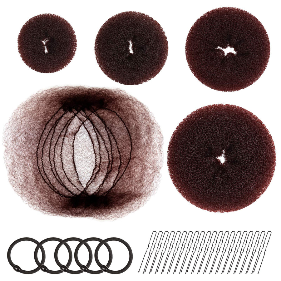 Hair Donut Bun Maker, Girls Hair Styling kit with 20 Pieces Invisible Hair Nets for Bun, 4pcs Donut Bun Maker, 5 pieces Hair Elastic Bands, 20 pieces Hair Bobby Pin