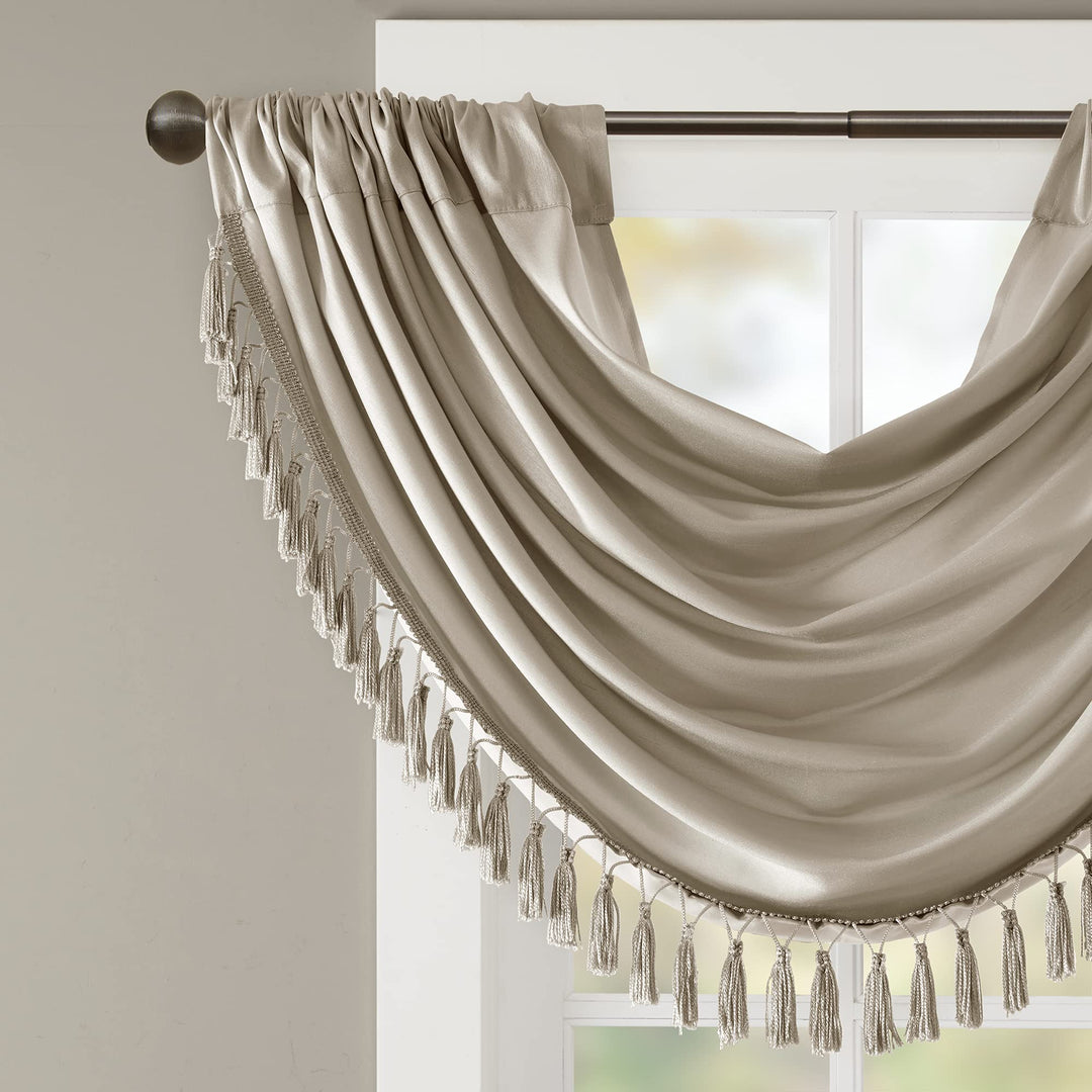 Elena Waterfall Embellished Rod Pocket Valance , Faux Silk Valances for Window , 38X46 , Champagne