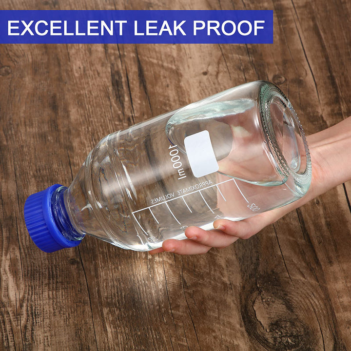 4 Pieces 1000 ml Glass Round Media Storage Bottles Storage Glass Bottles Borosilicate Media Glass Bottles with GL45 Blue Screw Cap for Lab Water Reagent Liquids