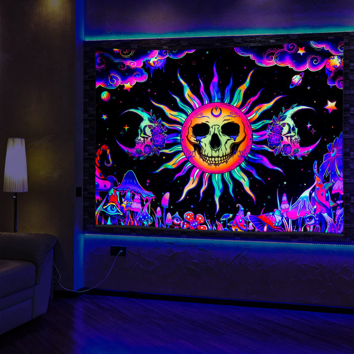 Blacklight Sun and Moon Tapestry UV Reactive Burning Sun Skull Mushroom Tapestry Neon Galaxy Poster Tapestry Art for Home Dorm Decor W59.1 × H51.2