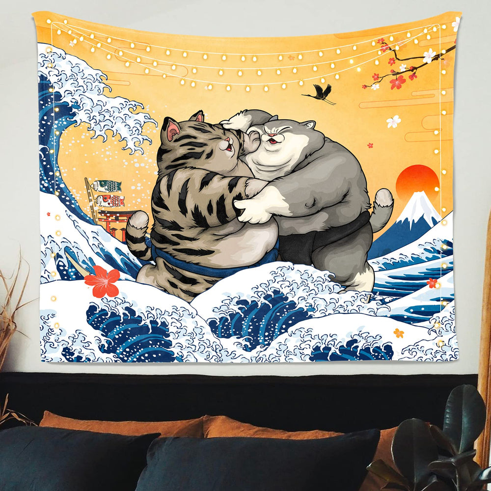 Japanese Cat Tapestry Sunset Wave Tapestry Mount Fuji Nature Tapestry, for Great Wave Tapestry for Bedroom Living Room Dorm (Yellow, 50x60 Inches)