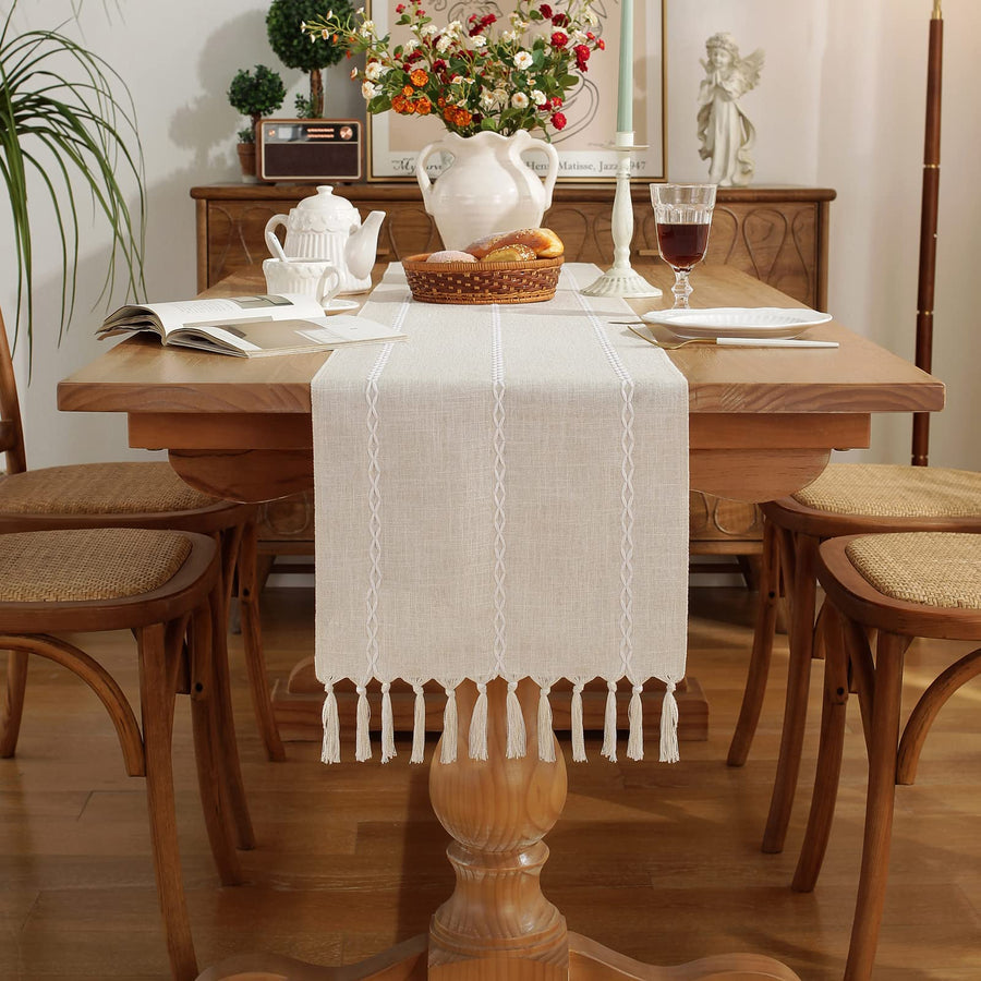 Grehge with Handmade Tassel, Vintage Woven Cotton Linen Table Runner 90 inche Garden Sculpture Outdoor Decoration