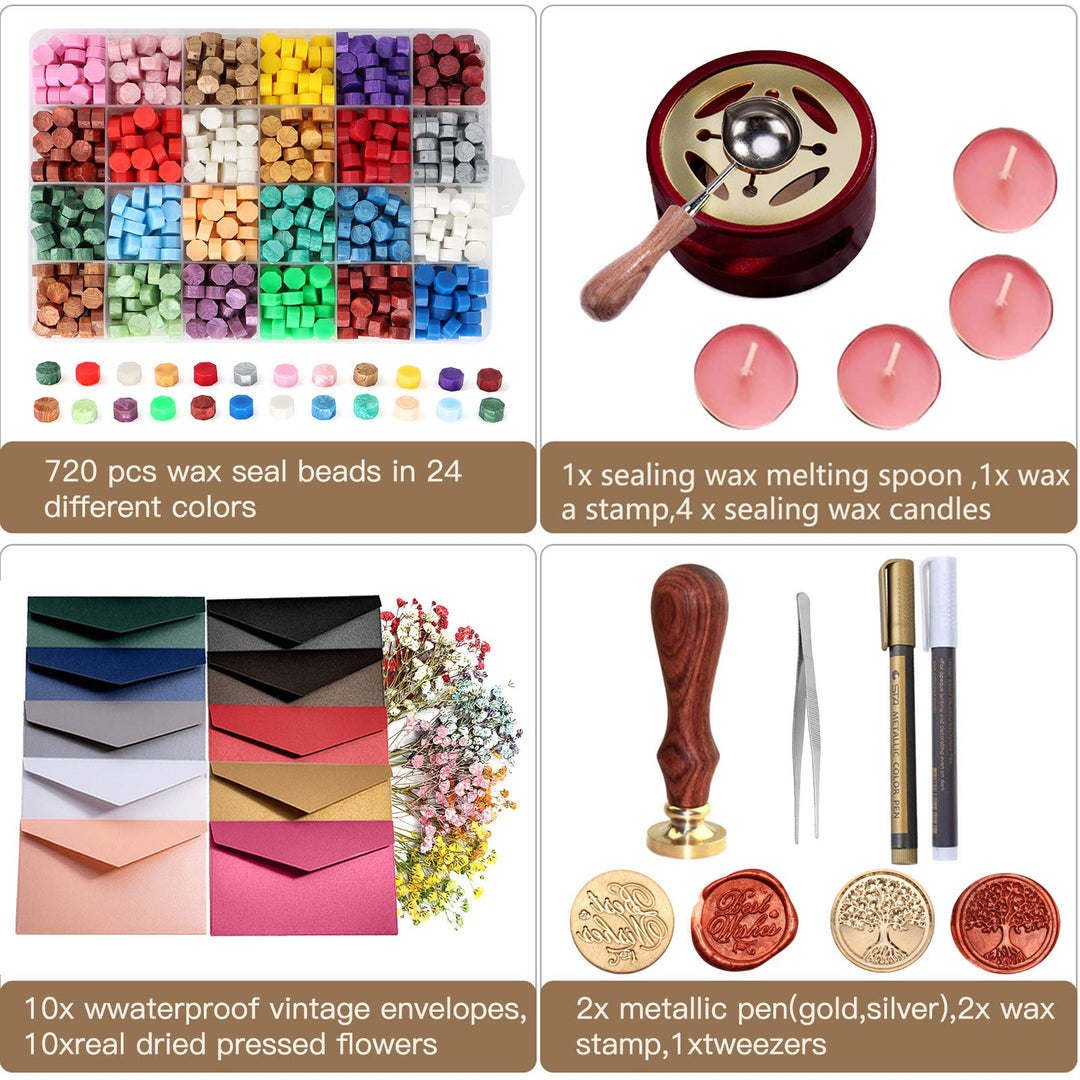 Sealing Wax Kits, 643pcs Wax Seal Beads with Gift Box, Wax Seal Stamp, Melting Furnace, Melting Spoon, Envelopes/Tealight Candles/Wax Stamp/Metallic Pen for Envelope Stamp (B)