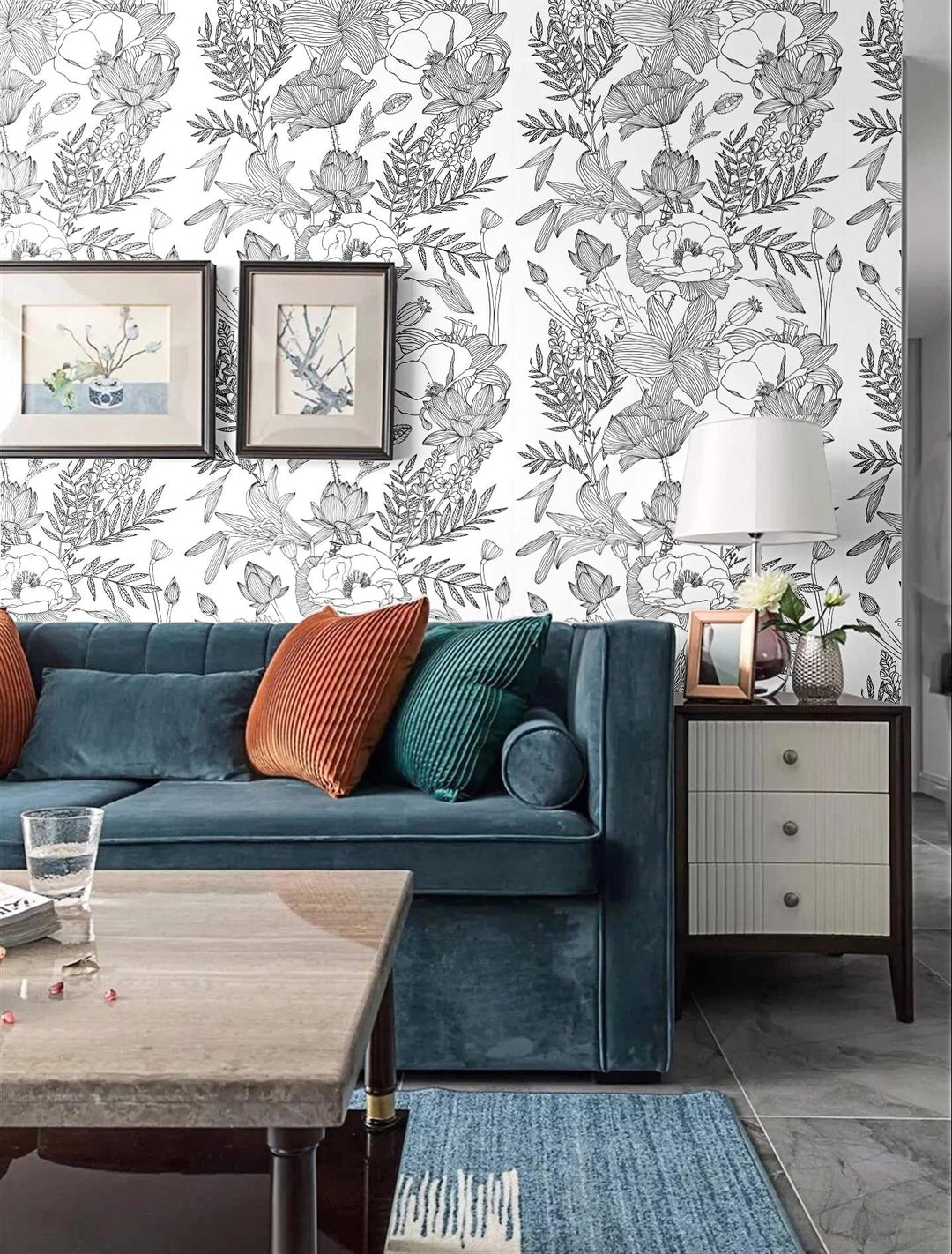 Black White Elegant Modern Lotus Lily Leaf Peel and Stick Wallpaper Self-Adhesive Prepasted Wallpaper Wall Mural Wall Decor (17.7“x118”, Black/White)