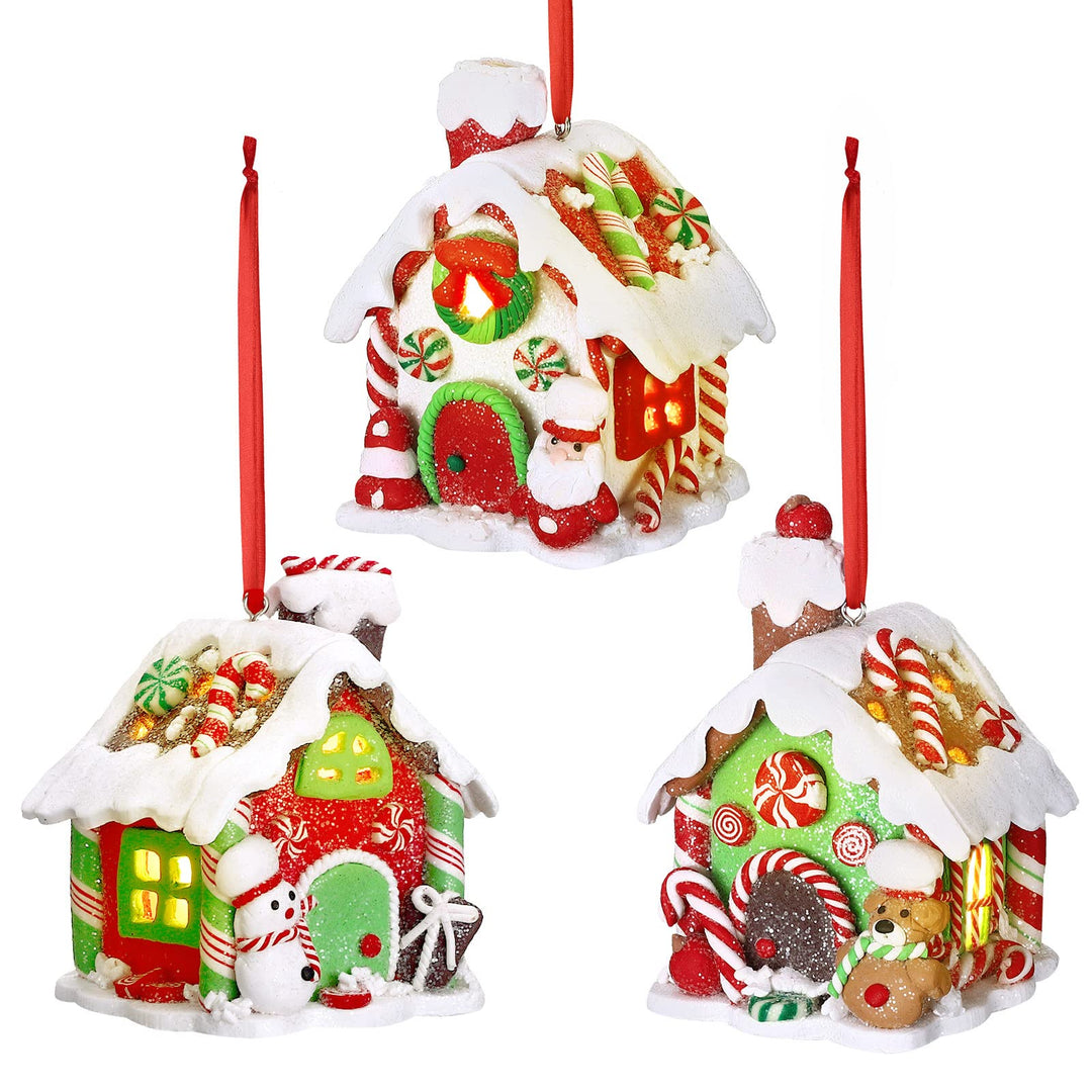 3 Pieces Gingerbread House Ornaments Glitter Christmas Lighted House Ornaments Gingerbread Decor Decorative Led Snowman Santa Claus House Xmas Tree Hanging Decoration for Holiday Housewarming Gift