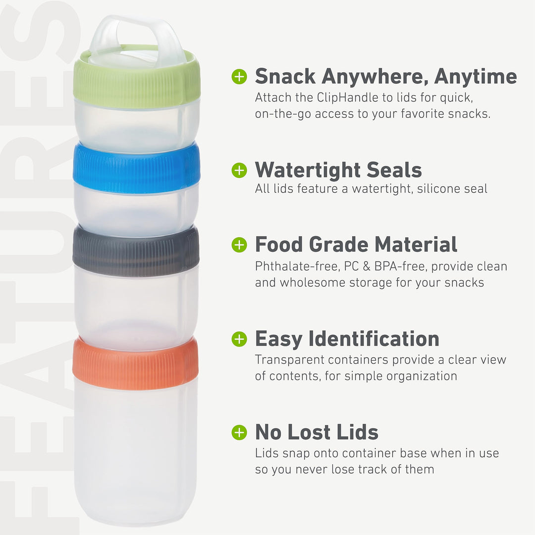 STAX, Stackable Snack Containers - 4-Piece Leak-Proof Snack Travel System - FDA-Food Safe, BPA/PC/Phthalate-Free - Stackable &amp; Click-Together Food Storage, Small