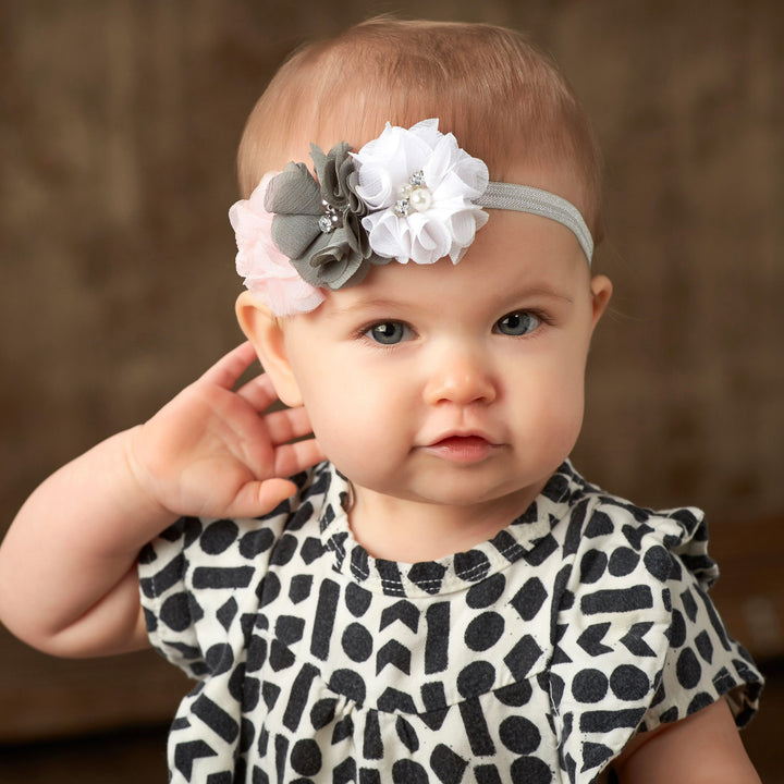 My Lello Baby Flower Headbands Fabric Beaded Trio Stretchy Elastic Pair (Dusty Rose/Vanilla Cream)
