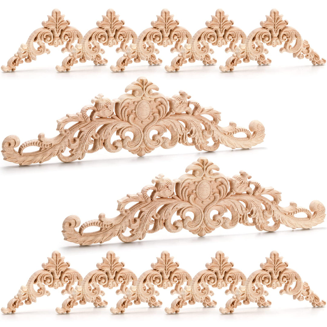 12 Pieces Wood Appliques Onlays, Decorative Wooden Applique Carved Natural Long Trim Appliques and Onlays for Bed, Door, Cabinet, Dresser, Wardrobe, Furniture Decoration, 2 Sizes