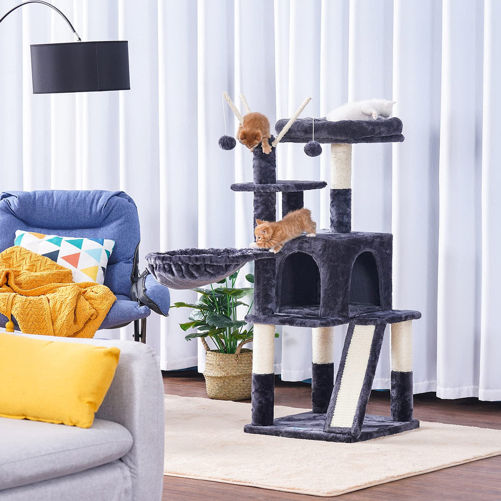 Cat Tree 46 inch Cat Condo with Sisal Scratching Posts,Multi-Level Cat Tower with Scratching Board,Basket,Removable Fur Ball Sticks,Smoky Grey MPJ015G