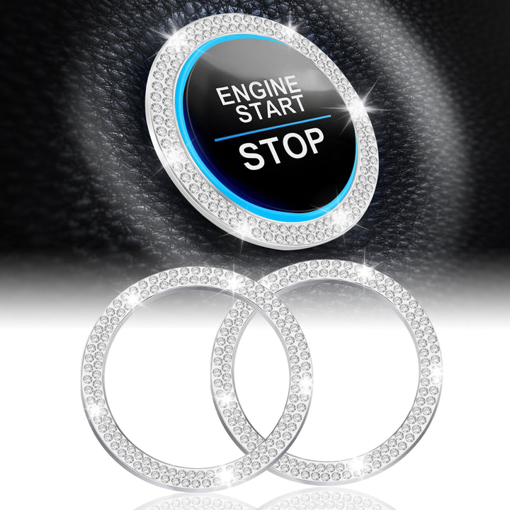 2 PCS Crystal Double Rhinestone Car Engine Start Stop Decoration Ring, Bling Car Interior Accessories for Women, Push to Start Button Cover/Sticker, Key Ignition &amp; Knob Bling Ring, White
