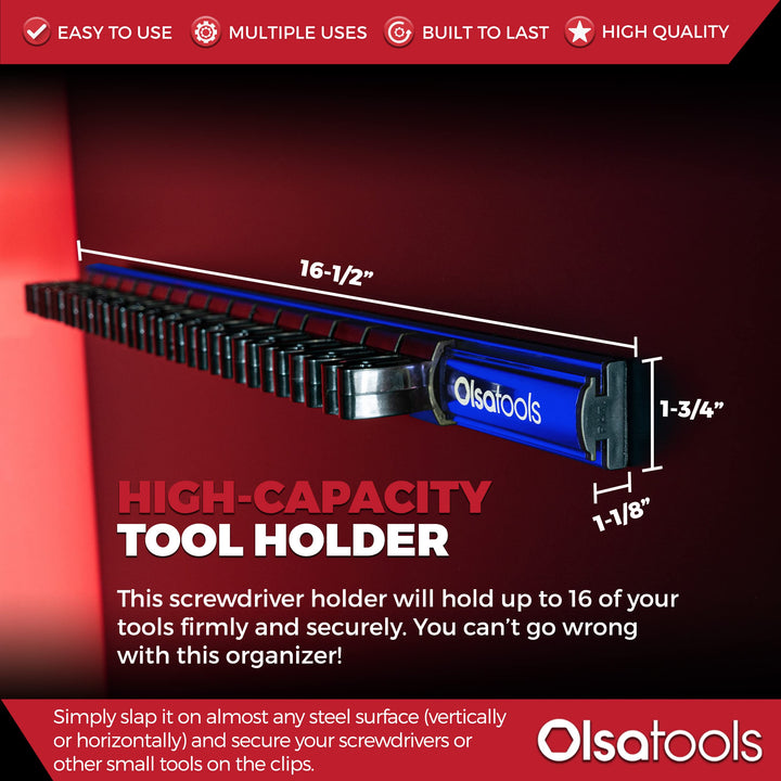 Magnetic Screwdriver Rail Organizer| Professional Quality Magnetic Tool Holder | Fits up to 16 Screwdrivers | Blue