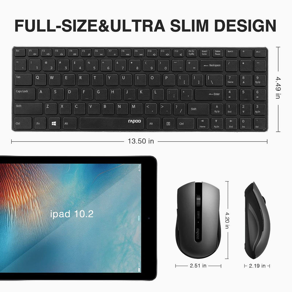 Rapoo Slim Wireless Keyboard and Mute Mouse Combo, 4.9m