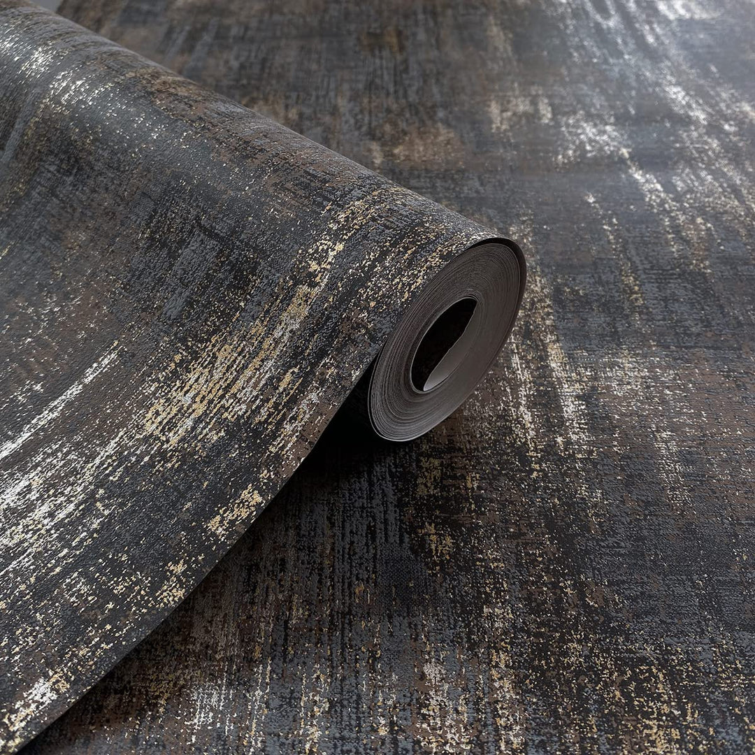 Distressed Wallpaper Industrial Metallic Wall Paper Non-Woven, 20.80&#39;&#39; X 393.00&#39;&#39;, Charcoal &amp; Gold