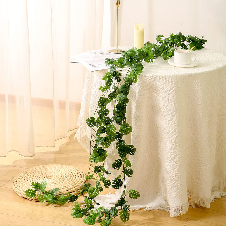 3 Pcs Artificial Monstera Leaf Vines, 5.7Ft Faux Tropical Jungle Hanging Plants Palm Safari Leaves, Faux Greenery Vines for Garden Porch Patio Beach Party Indoor Outdoor Décor