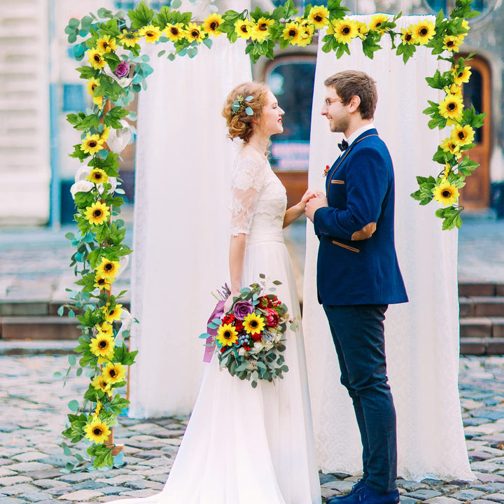 8pcs 60ft Artificial Sunflower Garlands Silk Yellow Sunflower Vines with Green Leaves Sunflower Garland for Room Decor Party Decorations Wedding Arch Table Centerpiece Backdrop