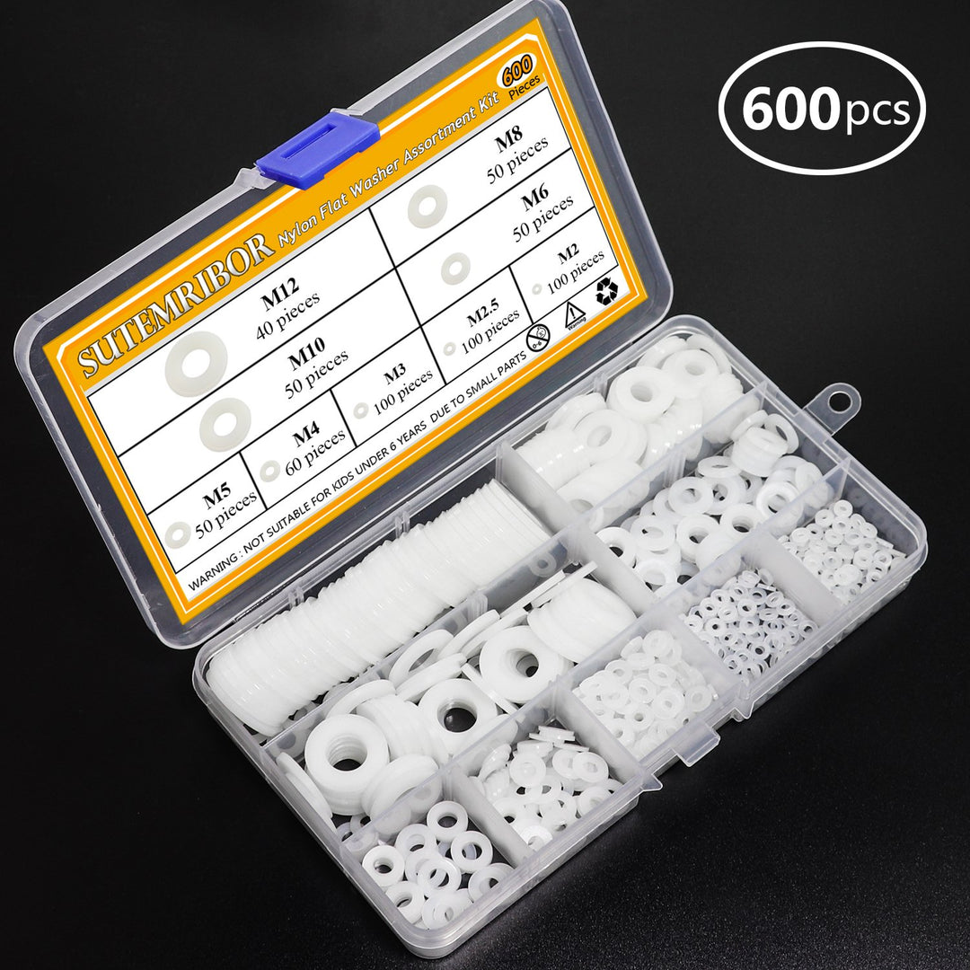Nylon Flat Washer Assortment Set 600 Pieces, 9 Sizes - M2 M2.5 M3 M4 M5 M6 M8 M10 M12