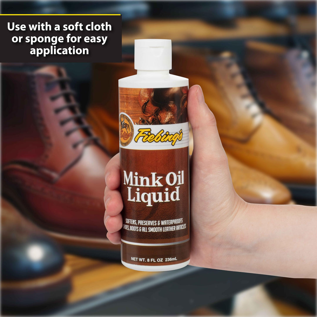 Fiebing&#39;s Liquid Mink Oil for Leather Boots (8 fl oz) - Leather Cleaner &amp; Conditioner - Waterproof, Preserve, Soften All Smooth Leathercraft &amp; Vinyl - Prevents Salt Stains - Use On Couch, Shoe, Purse