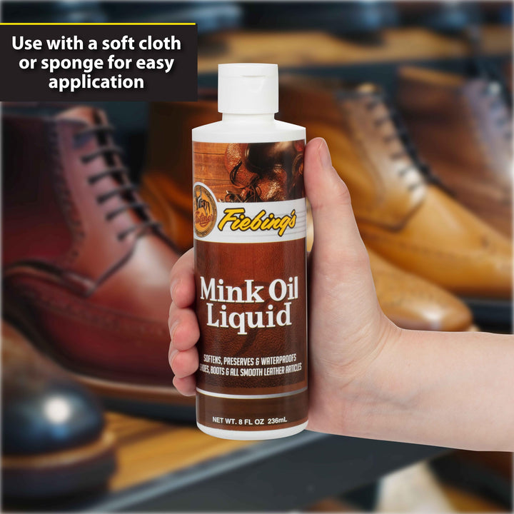 Fiebing&#39;s Liquid Mink Oil for Leather Boots (8 fl oz) - Leather Cleaner &amp; Conditioner - Waterproof, Preserve, Soften All Smooth Leathercraft &amp; Vinyl - Prevents Salt Stains - Use On Couch, Shoe, Purse