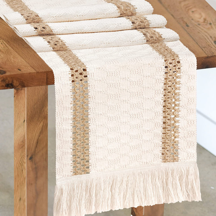 Macrame Table Runner, Cream Beige Boho Table Runner with Tassels, Hand Woven Cotton and Burlap Splicing Table Runner, Rustic Farmhouse Table Runner for Bohemian, Fall, Kitchen Dining Table