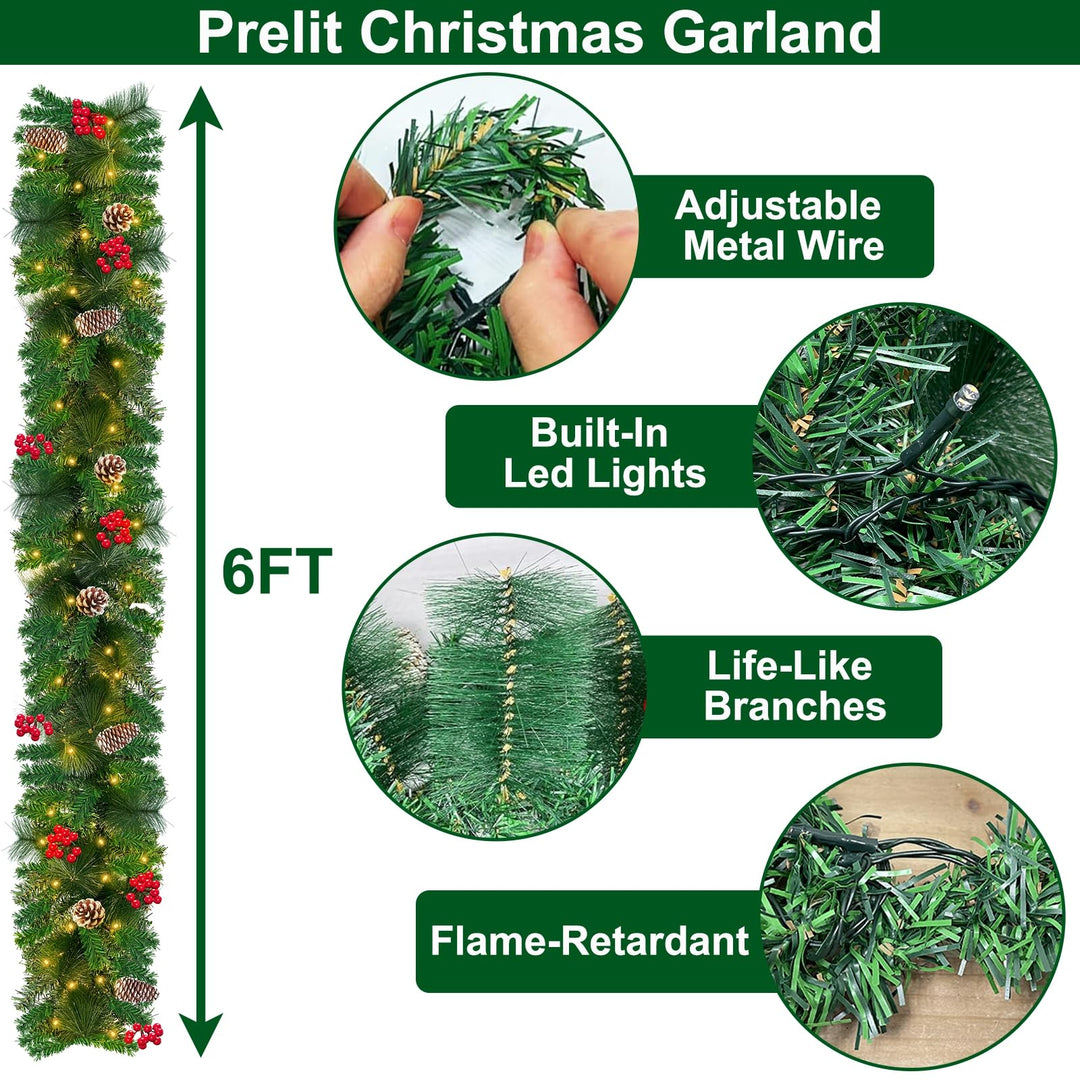 6 Ft 30 LED Prelit Christmas Garland with Lights Timer 8 Modes 170 Branch Snowy Bristle 8 Pinecones 88 Red Berries Battery Operated Cedar Garland Christmas Decorations Home Indoor Mantle
