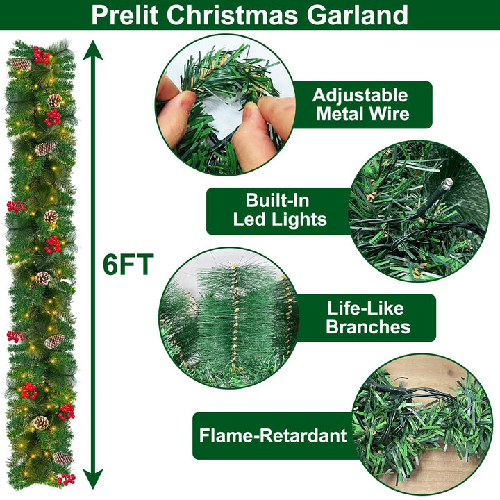 6 Ft 30 LED Prelit Christmas Garland with Lights Timer 8 Modes 170 Branch Snowy Bristle 8 Pinecones 88 Red Berries Battery Operated Cedar Garland Christmas Decorations Home Indoor Mantle