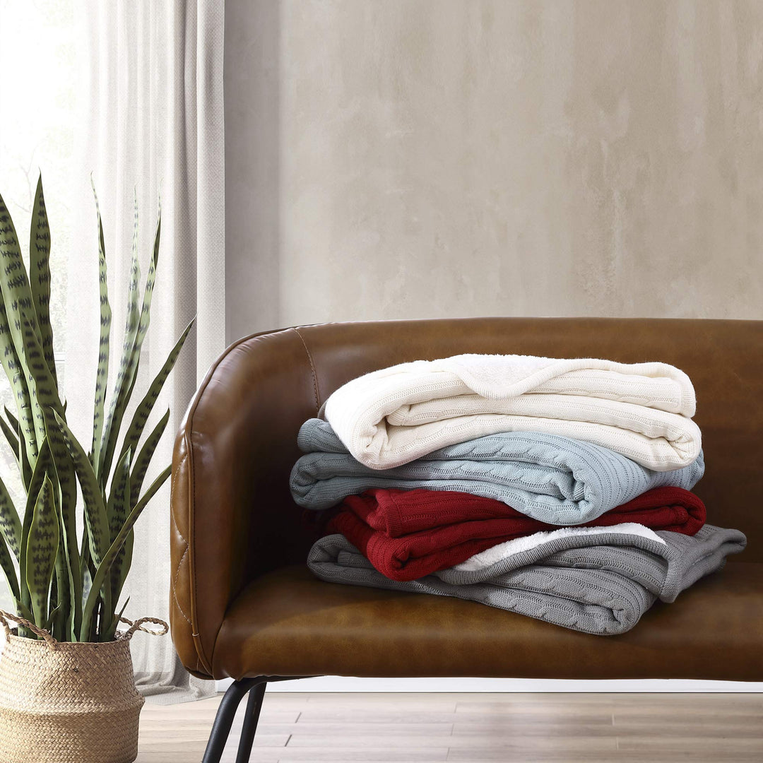 Cozy Cable Knit Throw Blanket - All Season Chic Thick Sweater Knitting for Couch Sofa Bed with Soft Sherpa Lining, Grey