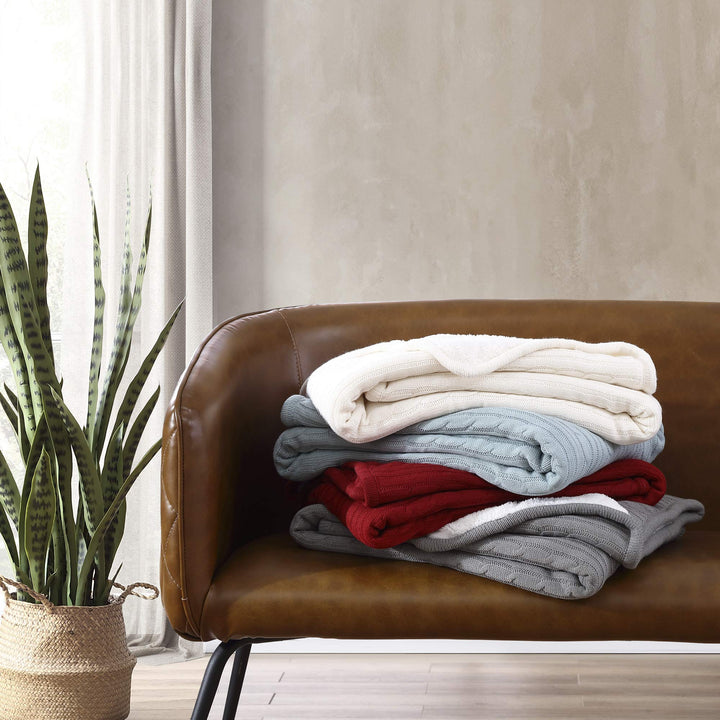 Cozy Cable Knit Throw Blanket - All Season Chic Thick Sweater Knitting for Couch Sofa Bed with Soft Sherpa Lining, Grey