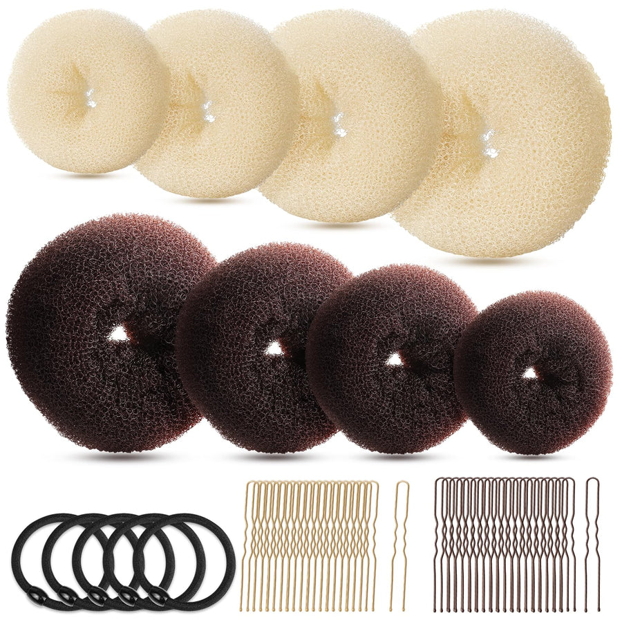 Hair Bun Maker Set, Donut Bun Maker Set With 4pcs Dark Brown &4pcs Beige(2 extra-large,2 large,2 medium and 2 small), 5 pieces Hair Elastic Bands, 40 pieces Hair Bobby Pins (Brown and Gold)