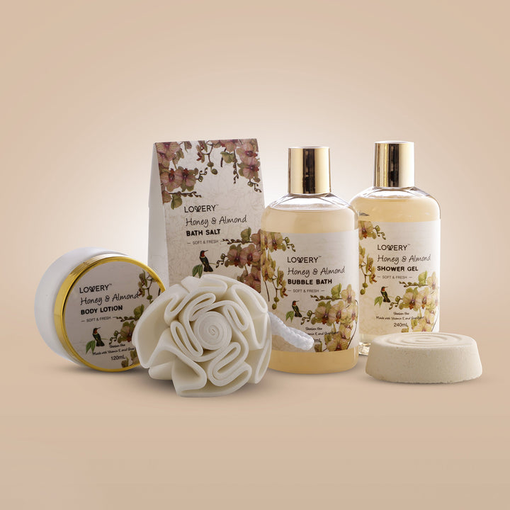 Womens Gifts for Christmas Gift Baskets for Women Who Have Everything, Home Spa Honey &amp; Almond Scent - Luxury Bath &amp; Body Set With Shower Gel, Bubble Bath, Body Lotion, Bath Salt, Bath Bomb, Bath Puff
