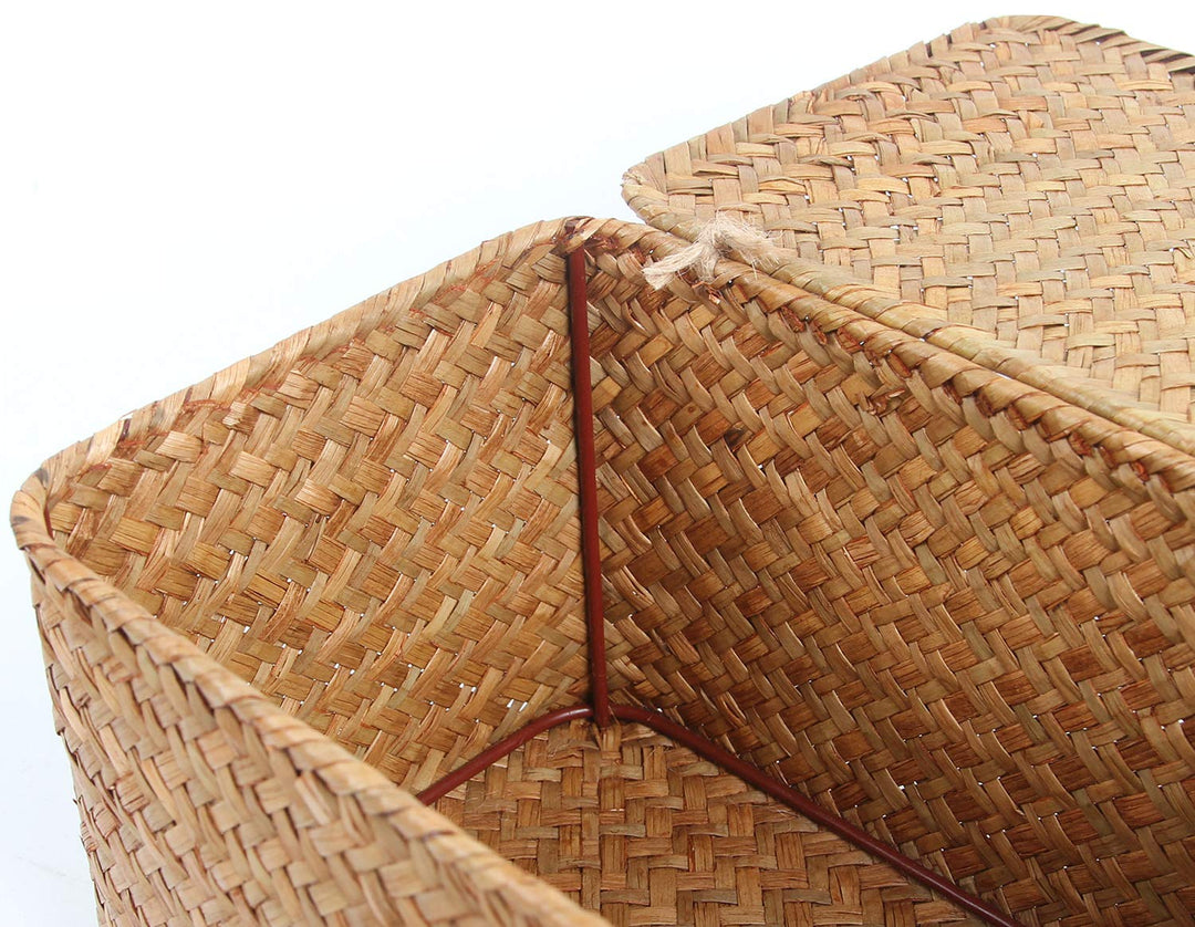 Shelf Baskets with Lid Set of 3 Handwoven Seagrass Storage Box Wicker Basket Desktop Makeup Organizer Multipurpose Container (Original (S/M/L)