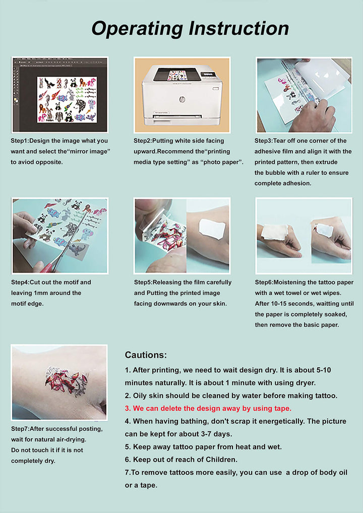 Temporary Tattoo Paper A4 Size (8.3x11.7 inch) 5 Sheets DIY Tattoo Paper Transfer Decal Paper for Inkjet Printer