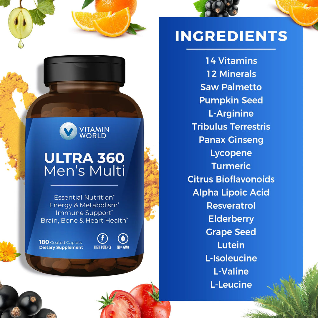 Ultra 360 Multivitamin for Men, Men&#39;s Multivitamin with Herbs &amp; Antioxidants for Energy &amp; Performance, Supplement with Vitamin A, C, D, E, B12 &amp; Zinc for Immune Support, 180 Caplets