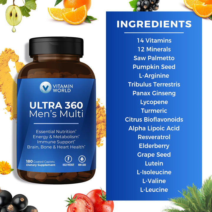 Ultra 360 Multivitamin for Men, Men&#39;s Multivitamin with Herbs &amp; Antioxidants for Energy &amp; Performance, Supplement with Vitamin A, C, D, E, B12 &amp; Zinc for Immune Support, 180 Caplets