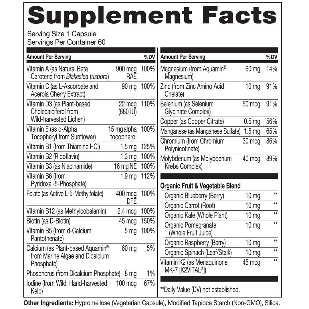One Daily Multivitamin for Women 50+ (Iron Free) - Menopause Support for Women Over 50 - Whole Food Supplement - Non-GMO - No Soy - 60 Capsules - 2 Month Supply