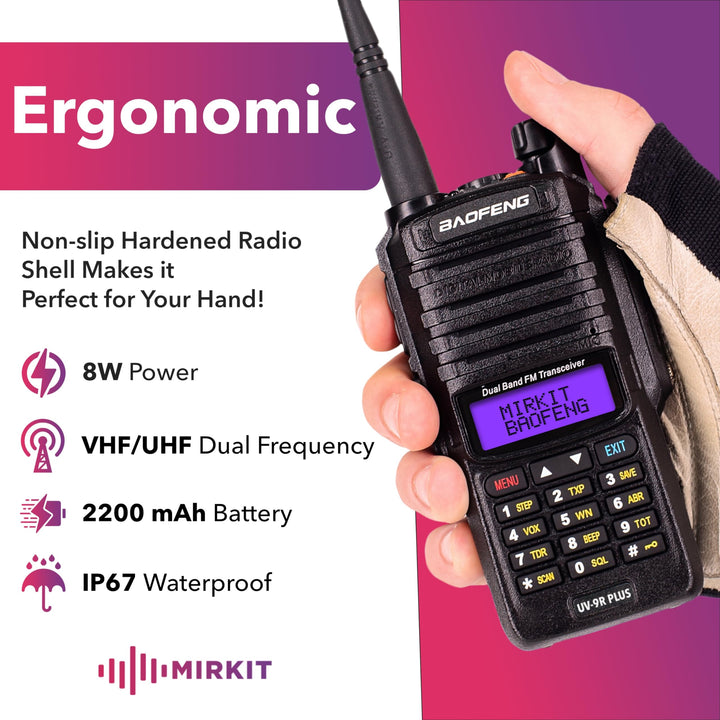 Mirkit Waterproof Baofeng Radio UV-9R Plus MK1 (UV-82 3rd Gen) 8 W VHF/UHF 144-148/420-450MHz Walkie Talkie with 2200mAh Battery &amp; Programming Cable. IP67 Handheld Radio: Dust, Cold, Waterproof