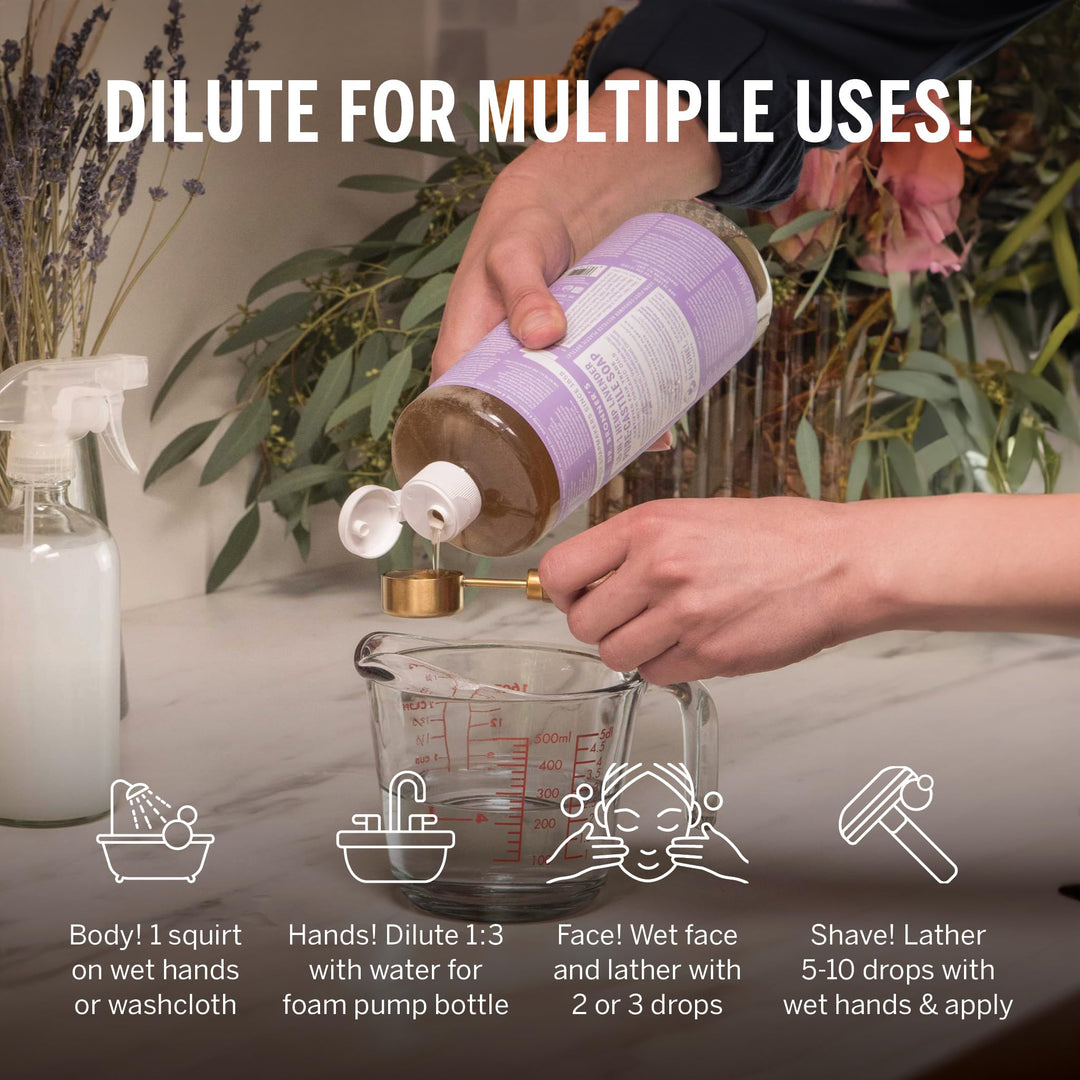 Dr. Bronner&#39;s Pure Castile Liquid Soap - Made with Regenerative Organic Certified Oils - 18-in-1 Uses for Face, Body, Hand, Hair- Gentle on Sensitive Skin - All Natural Body Wash- Lavender,32oz